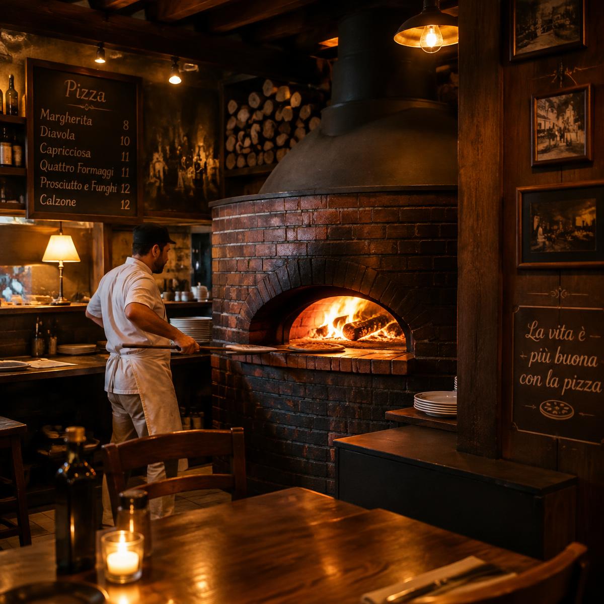 Ambiente da pizzaria com forno a lenha